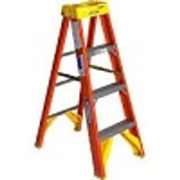 Orange and yellow step ladder, three steps visible, set up on white.