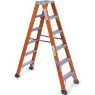 Orange and gray step ladder standing on a white surface.
