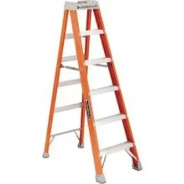 Orange and silver fiberglass step ladder on a white background.