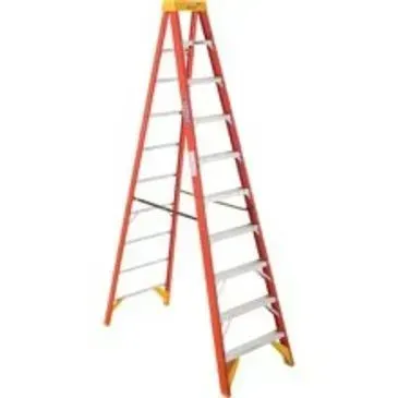 Red and yellow fiberglass step ladder, open and ready for use.