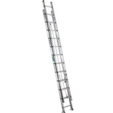 Silver aluminum extension ladder against a white background.