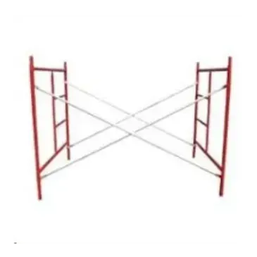 Red scaffolding frame with crossed supports, ready for construction use.