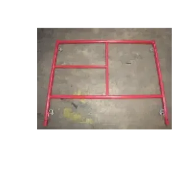 Red metal frame with horizontal and vertical bars, likely part of a construction scaffold.
