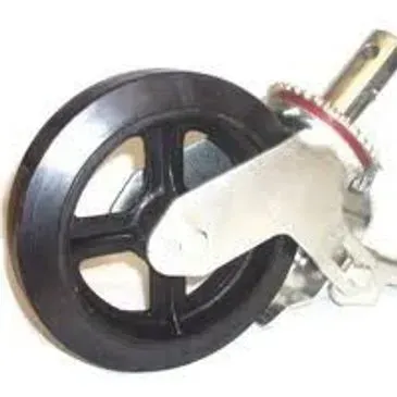 Black caster wheel with silver metal bracket, for furniture or equipment.