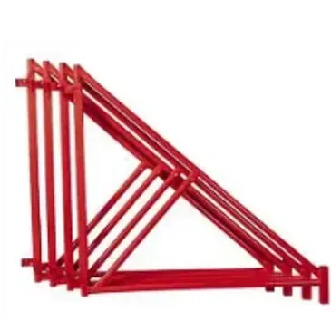 Red metal A-frame sawhorses stacked together.