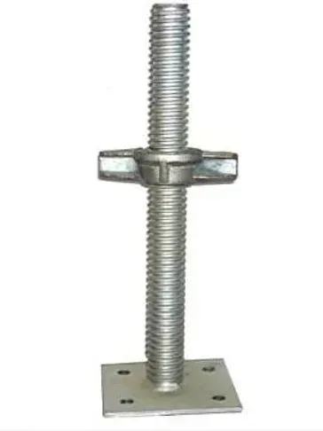 Adjustable scaffolding base; threaded steel rod with a wing nut for height adjustment; square base.