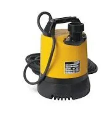 Yellow and black submersible water pump with handle and attached cord.