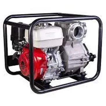 Gas-powered water pump with a red engine, white tank, and metal frame.