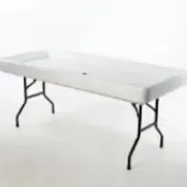 White folding table with black metal legs, indoors.
