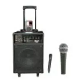Black portable PA system with two microphones, one held vertically.