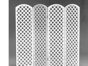 White, arched-top, lattice-style room divider with four panels.