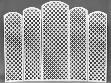 Five connected white trellis panels with arched tops.