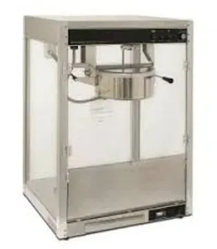 Commercial popcorn machine with a stainless steel interior and clear sides.