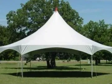 White canopy tent pitched on a grassy field; trees in background.