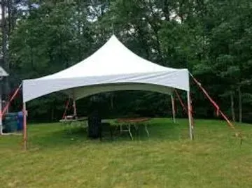 White tent set up on a grassy lawn with tables inside. Trees in the background.