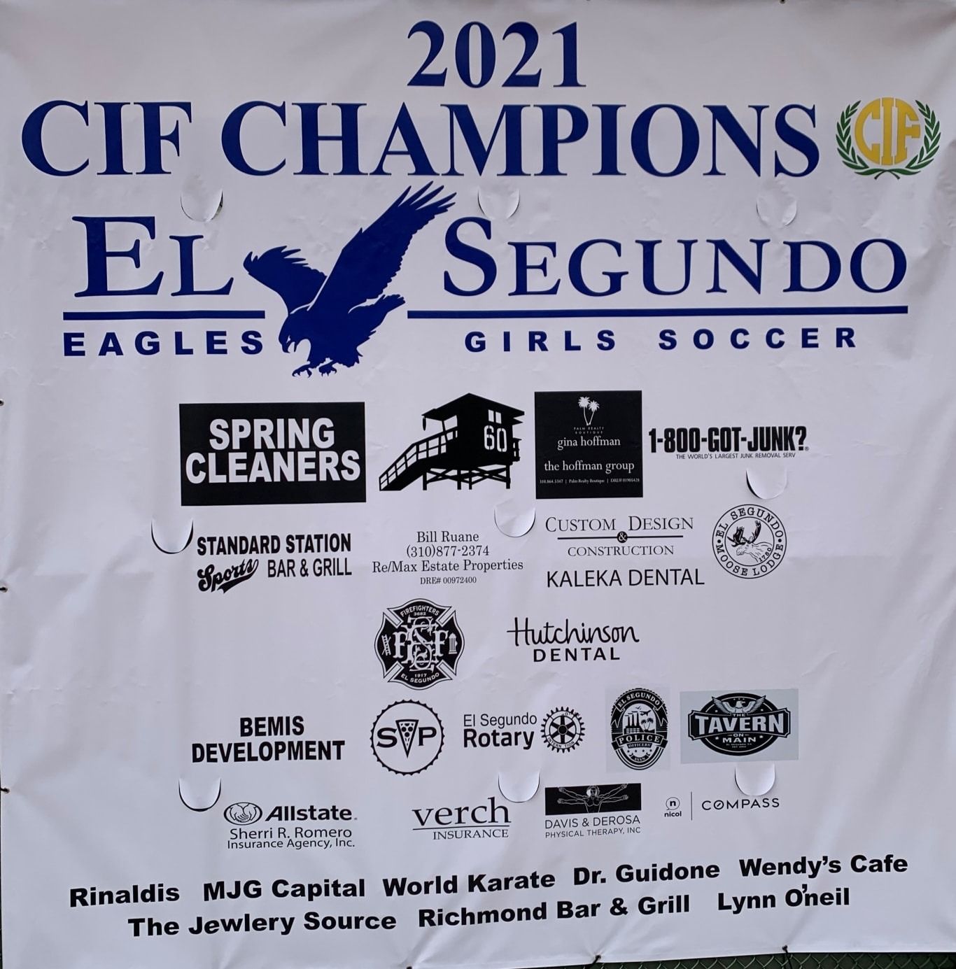 2021 CIF Champions El Segundo Eagles girls soccer banner with sponsor logos on white backdrop