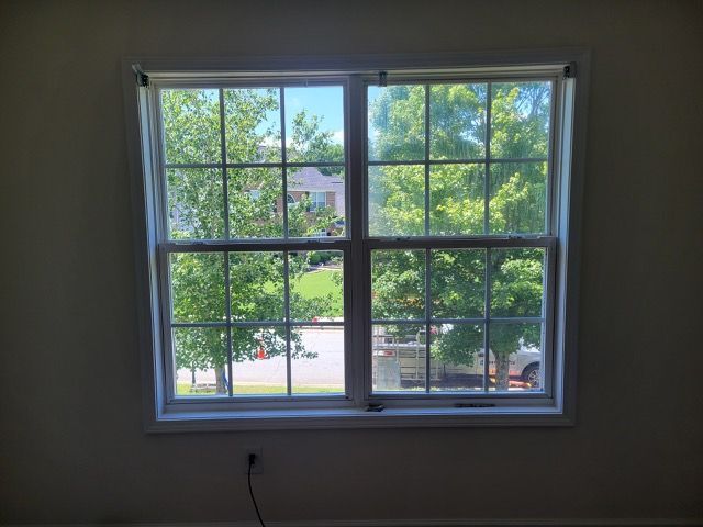 A window with a view of trees in a room.