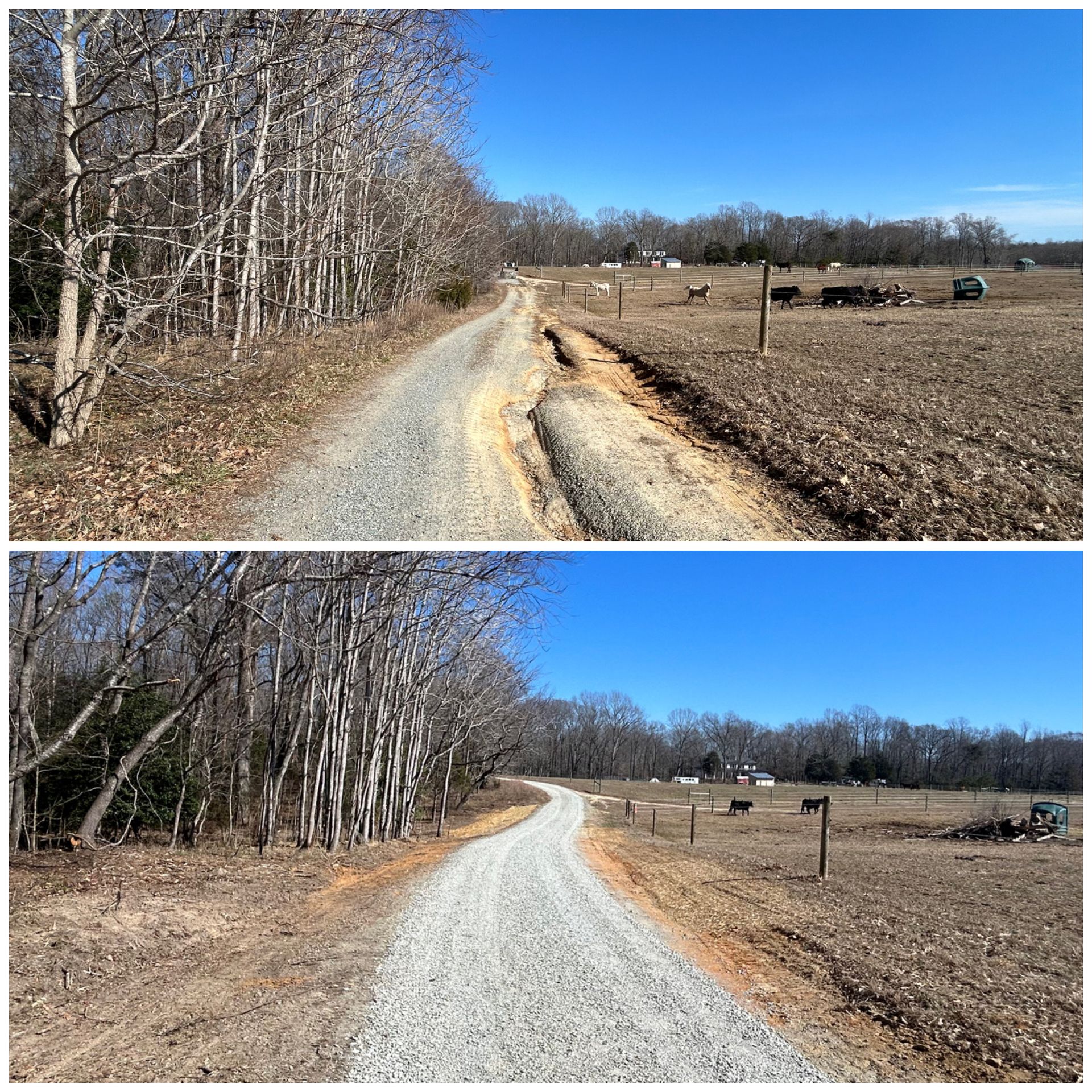 A before and after photo of a dirt road