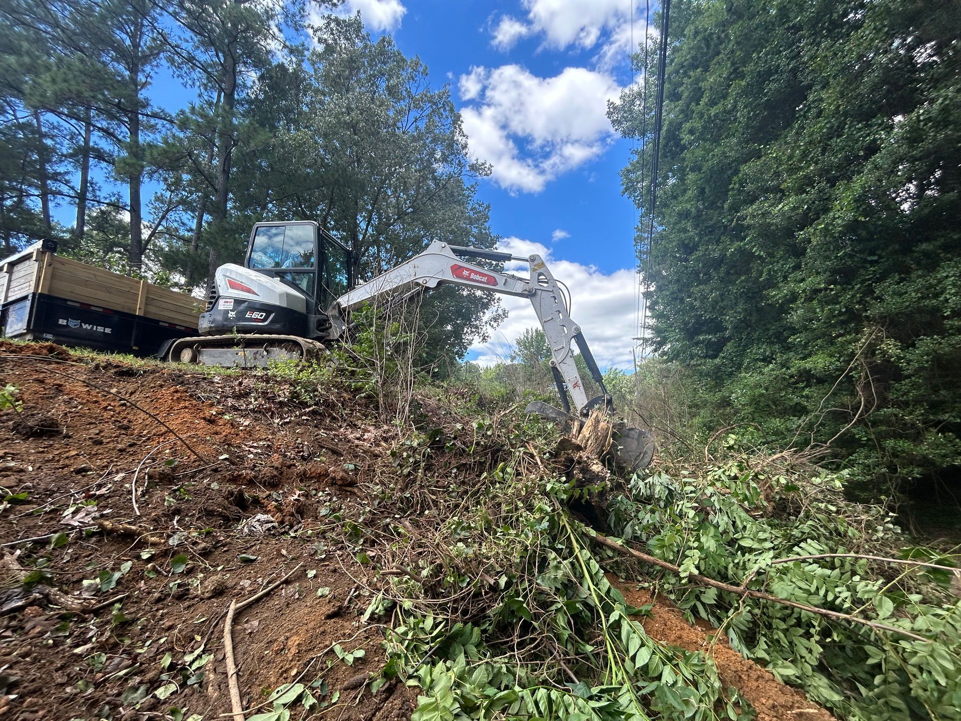 A bulldozer is cutting down trees on a hillside.