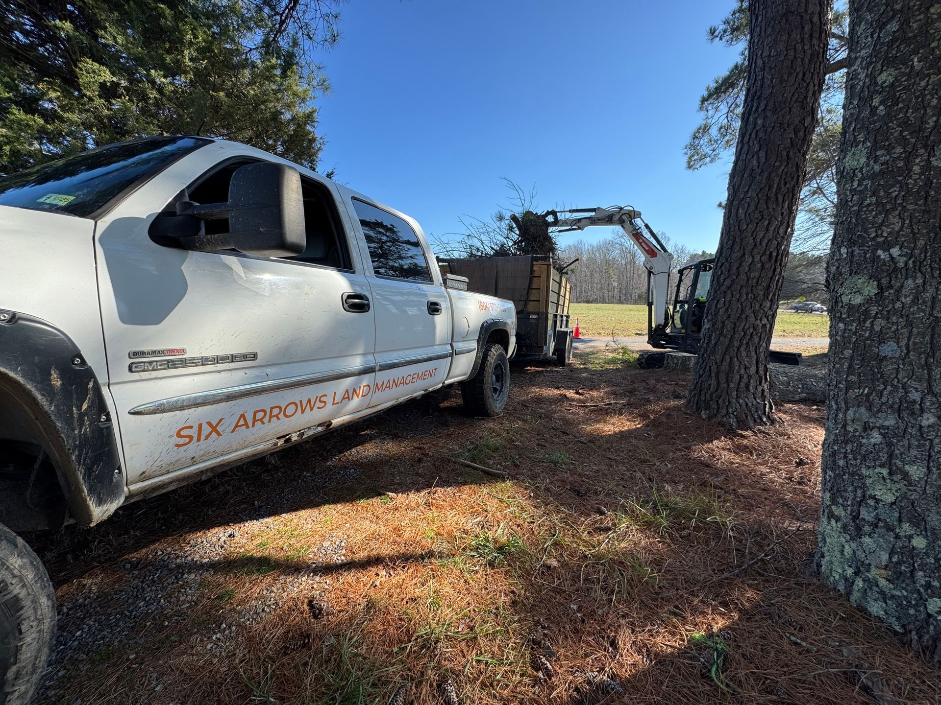 A white truck is parked next to a tree in a field.