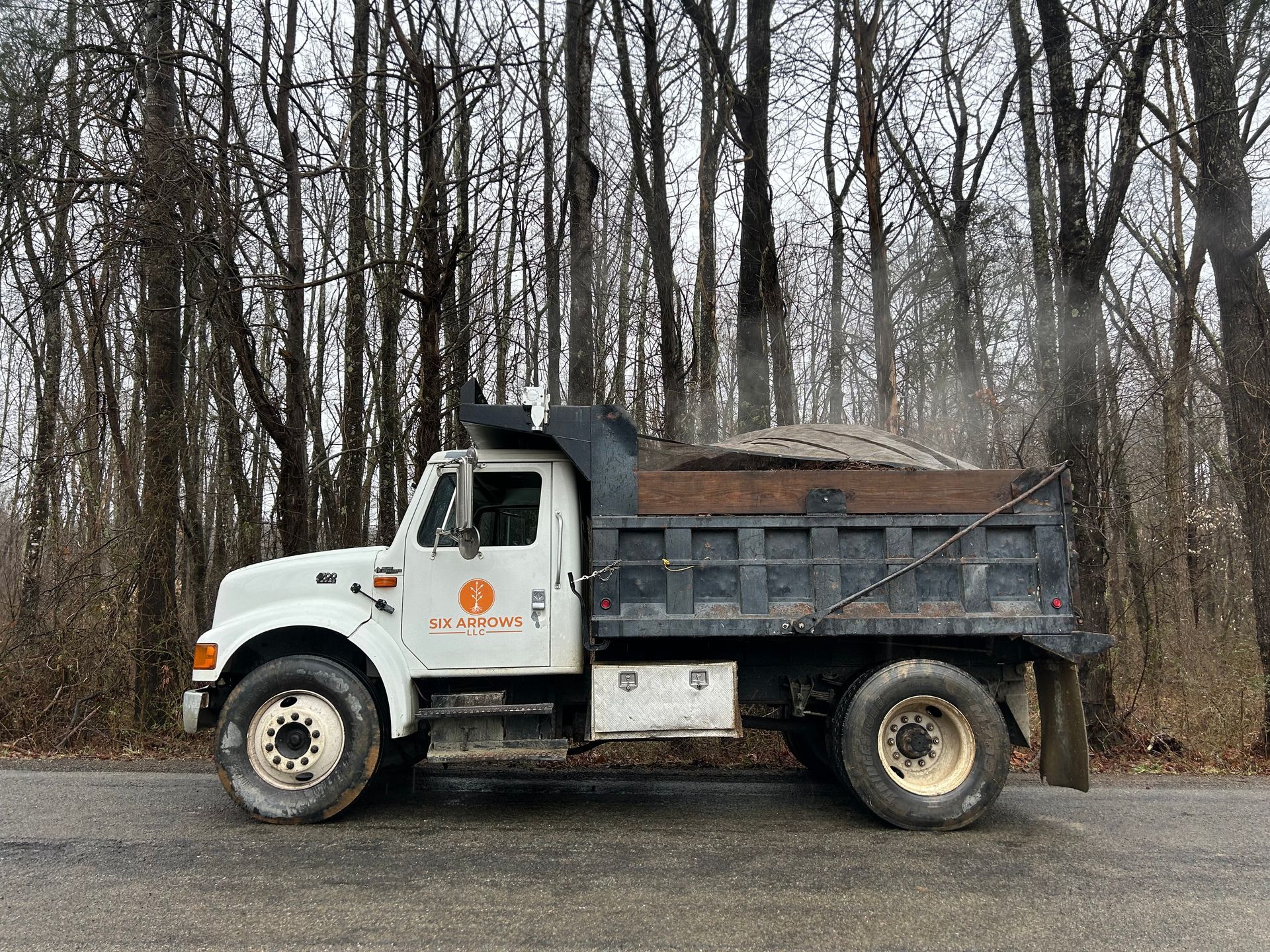 A dump truck is parked on the side of the road in front of a forest.
