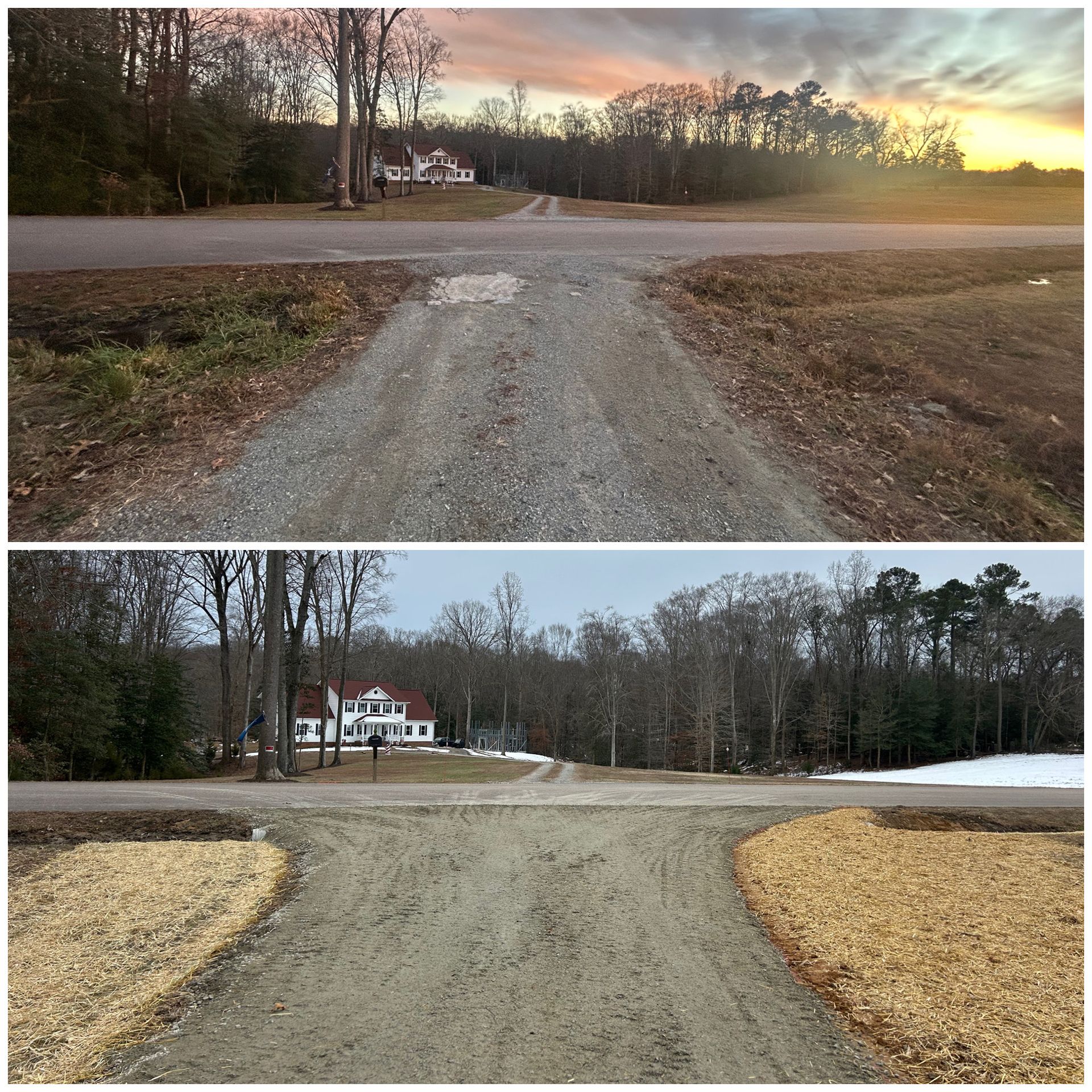 A before and after photo of a dirt road