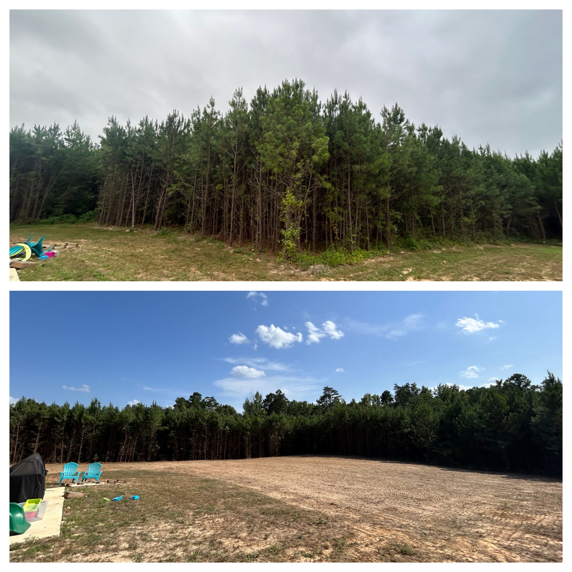A before and after photo of a forest and a field