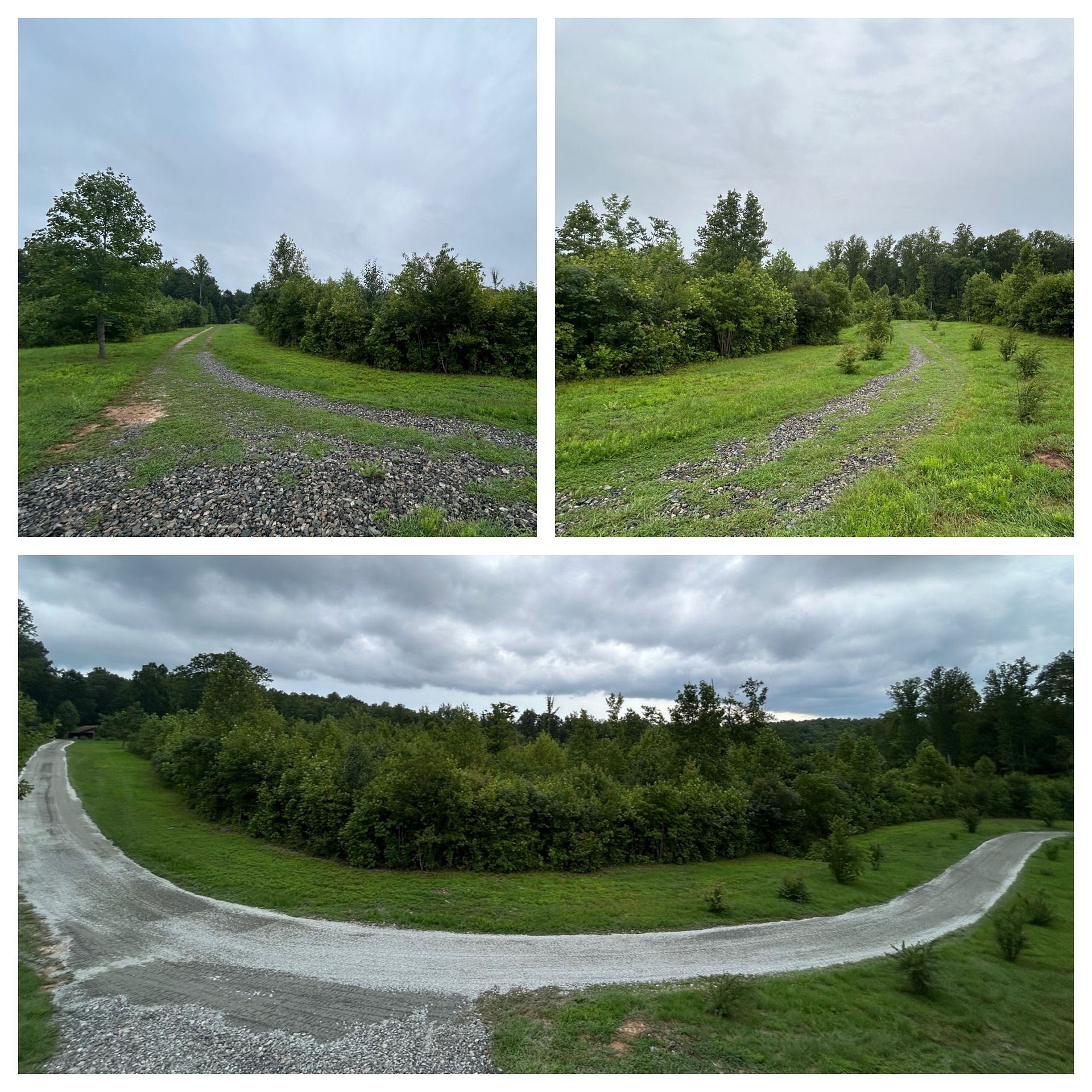 A collage of four pictures of a dirt road going through a grassy field