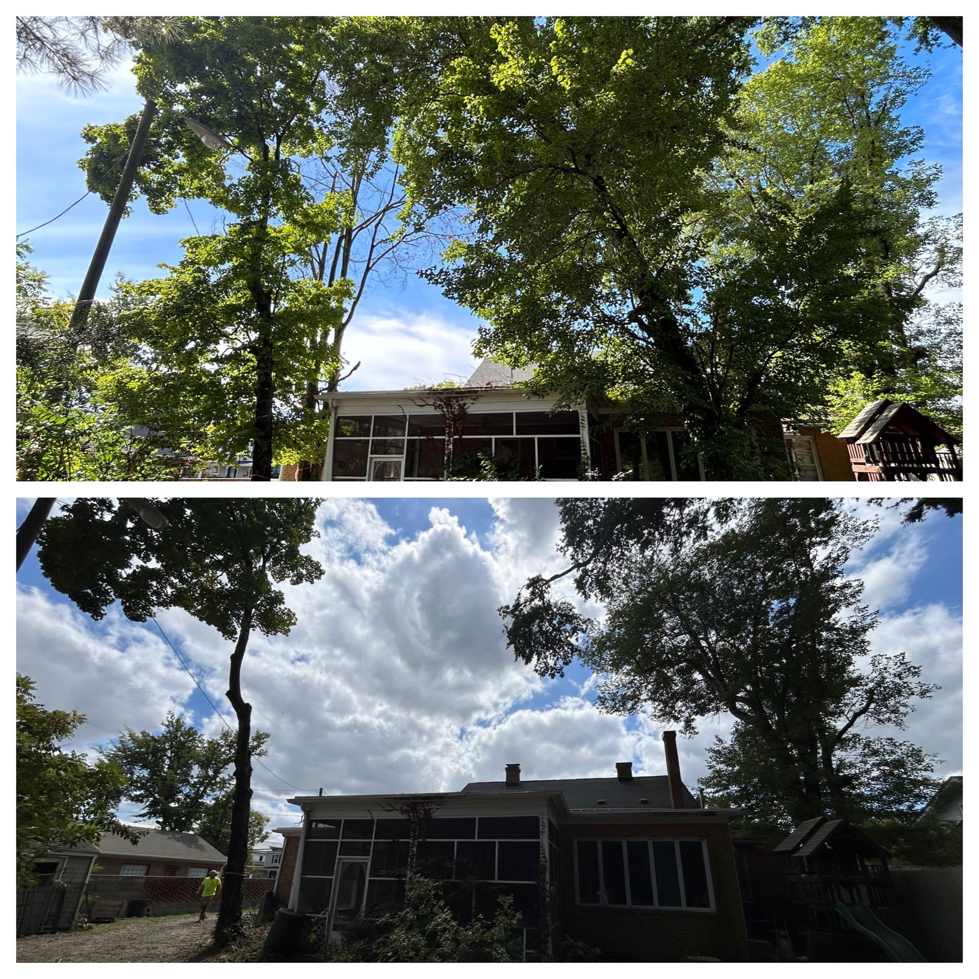 A before and after picture of a house with trees in front of it