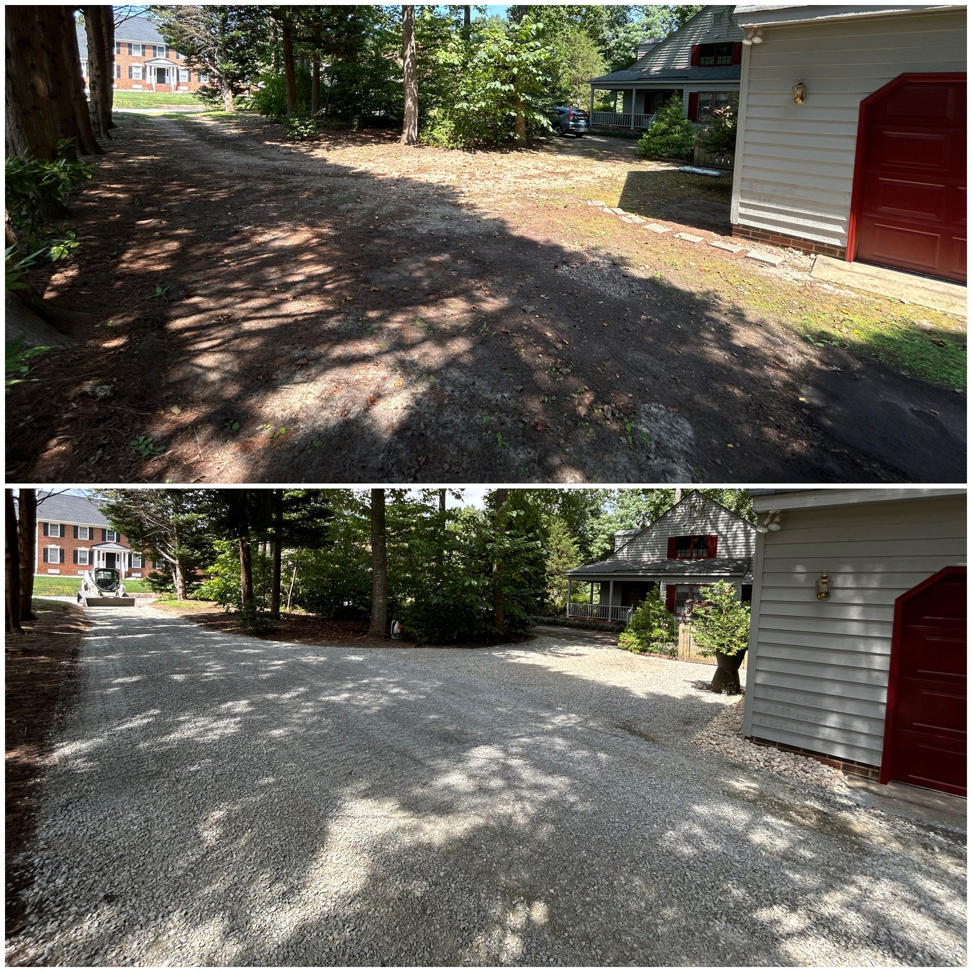 A before and after picture of a gravel driveway