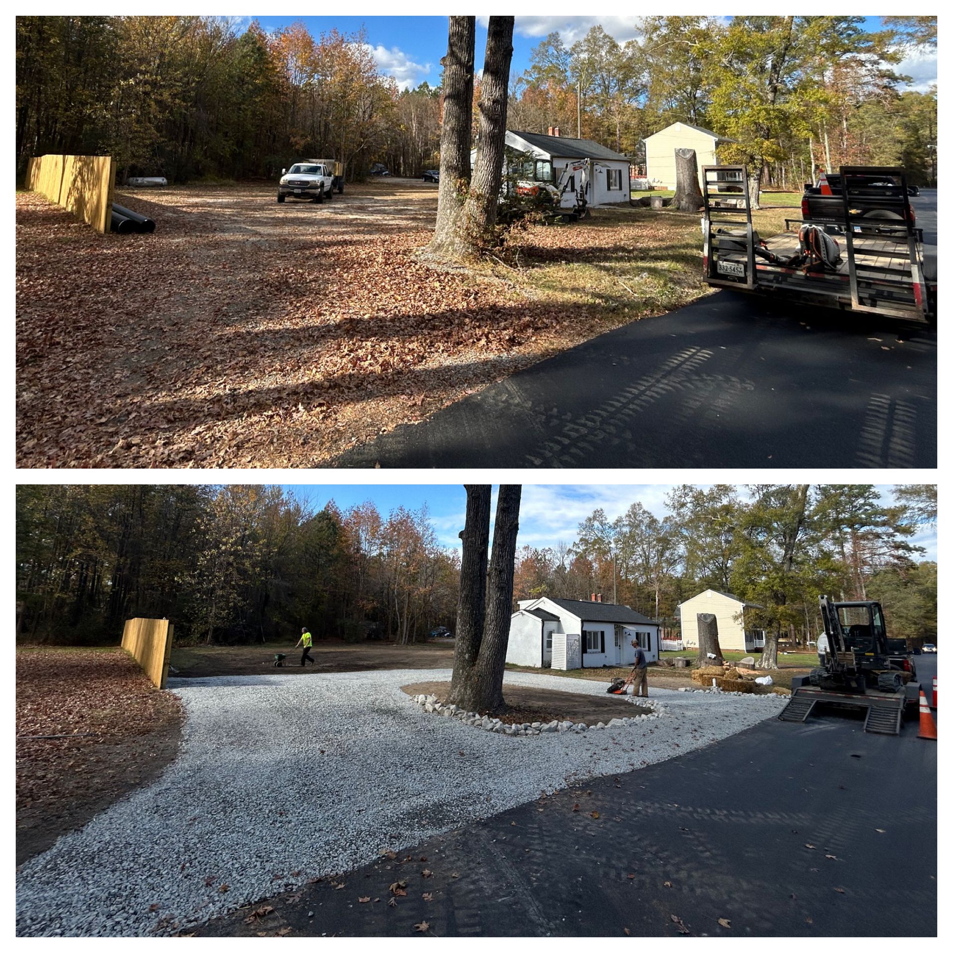 A before and after picture of a driveway being built