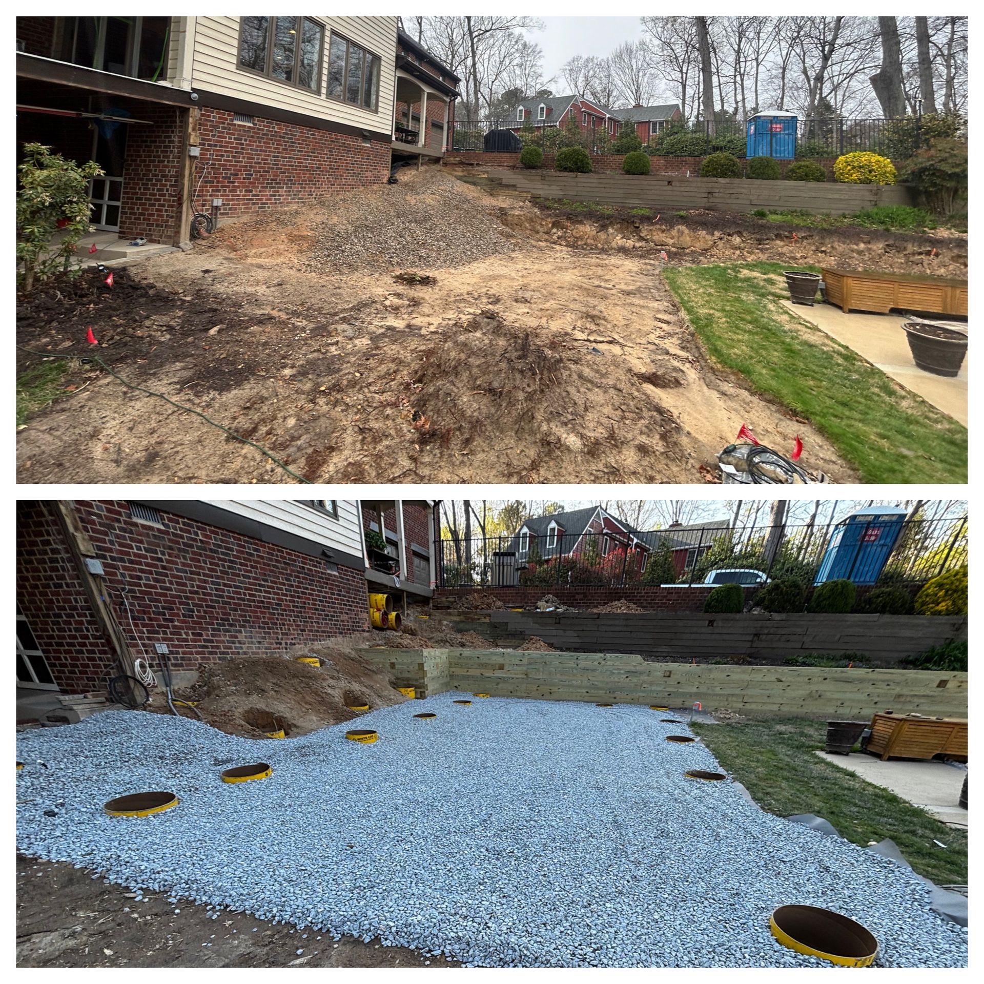Two photos showing before and after of a backyard landscaping project. The “before” shows dirt, the “after” shows gravel.