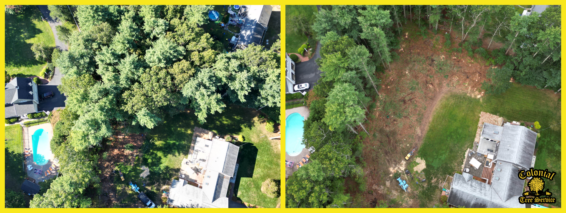 before and after forest clearing, showing houses, trees, and a pool.