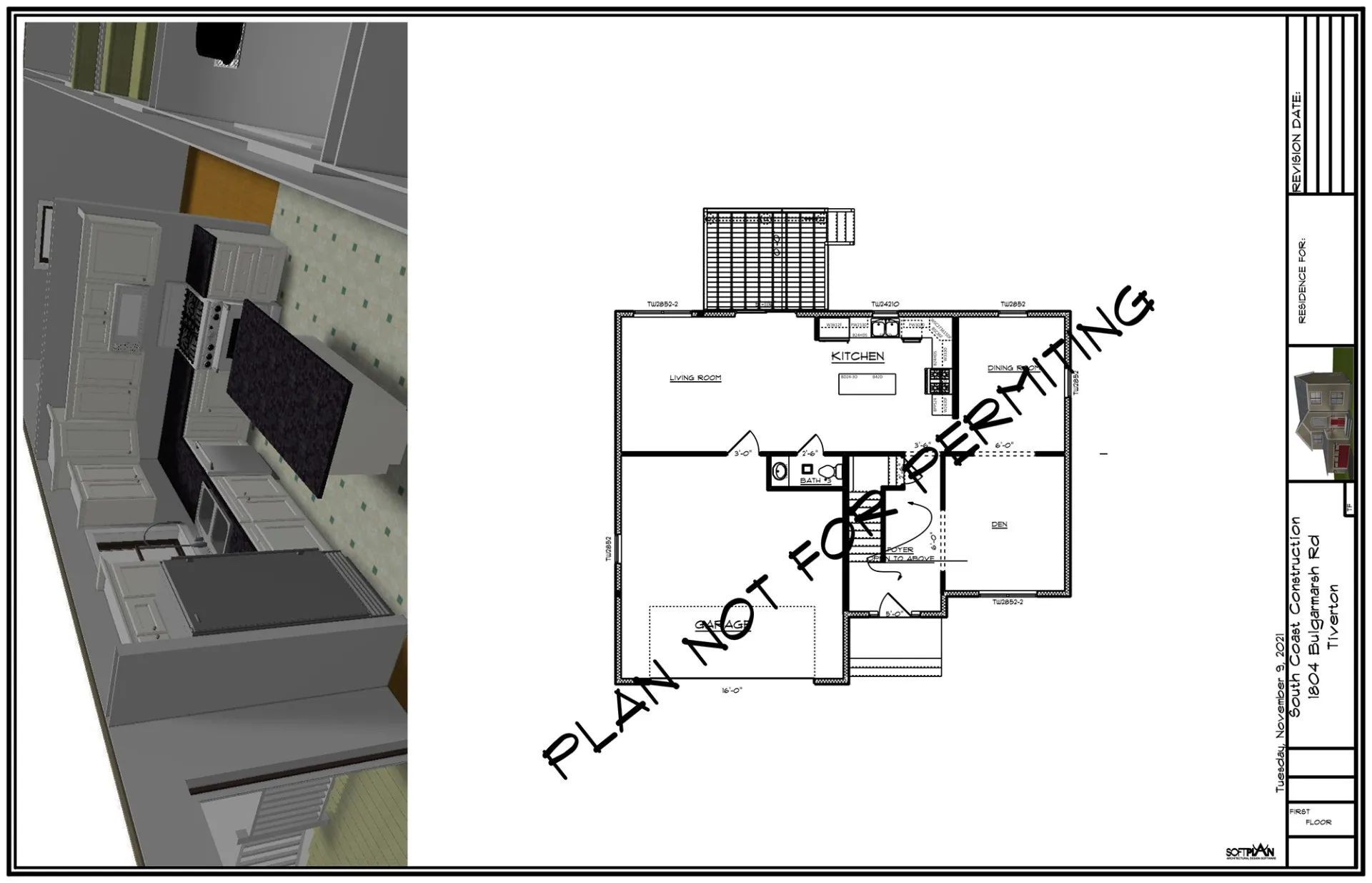 Floor plan and 3D interior rendering of a small room layout, marked “PLAY NOT FOR PRINTING.”