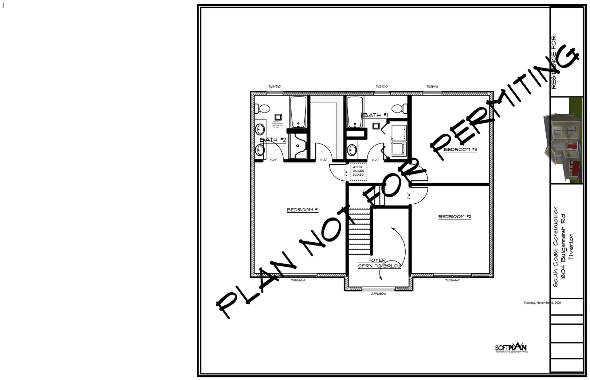 Floor plan labeled “PLAN NOT FOR PERMITTING” with room layout and dimensions.