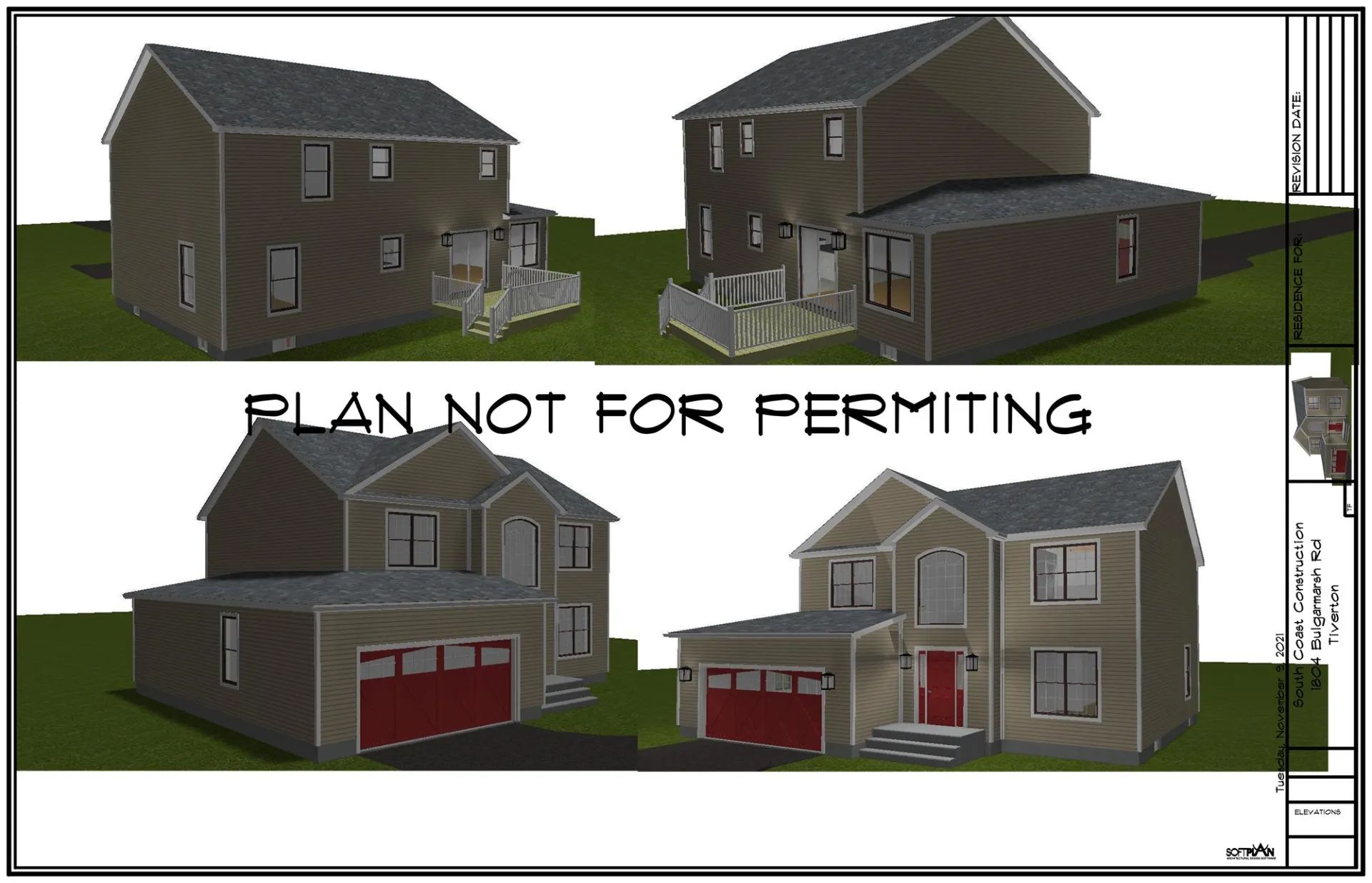 Architectural rendering of a two-story brown house from multiple angles with “PLAN NOT FOR PERMITING” text.