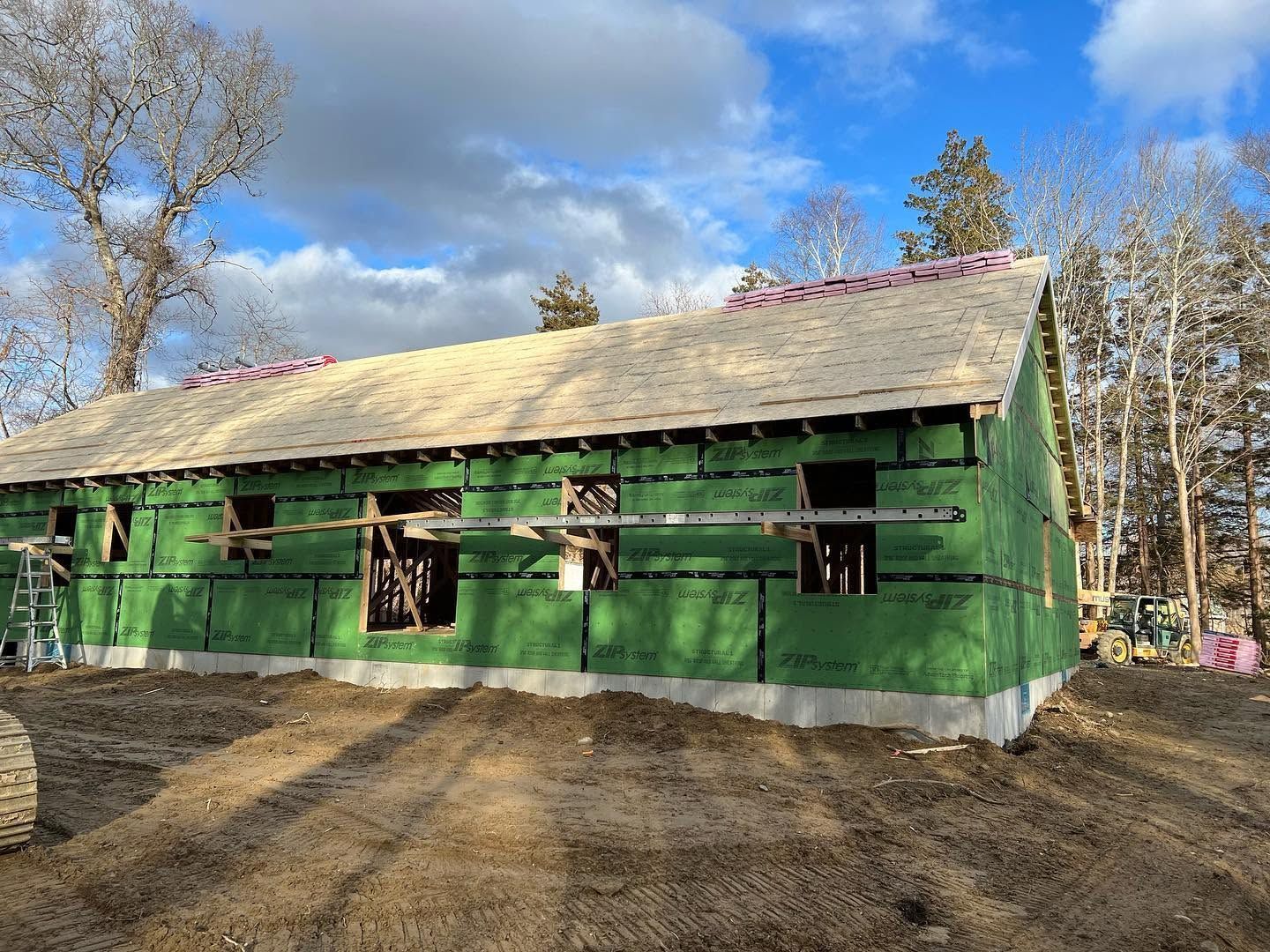 Green house under construction with unfinished walls and roof in a wooded area under a cloudy sky