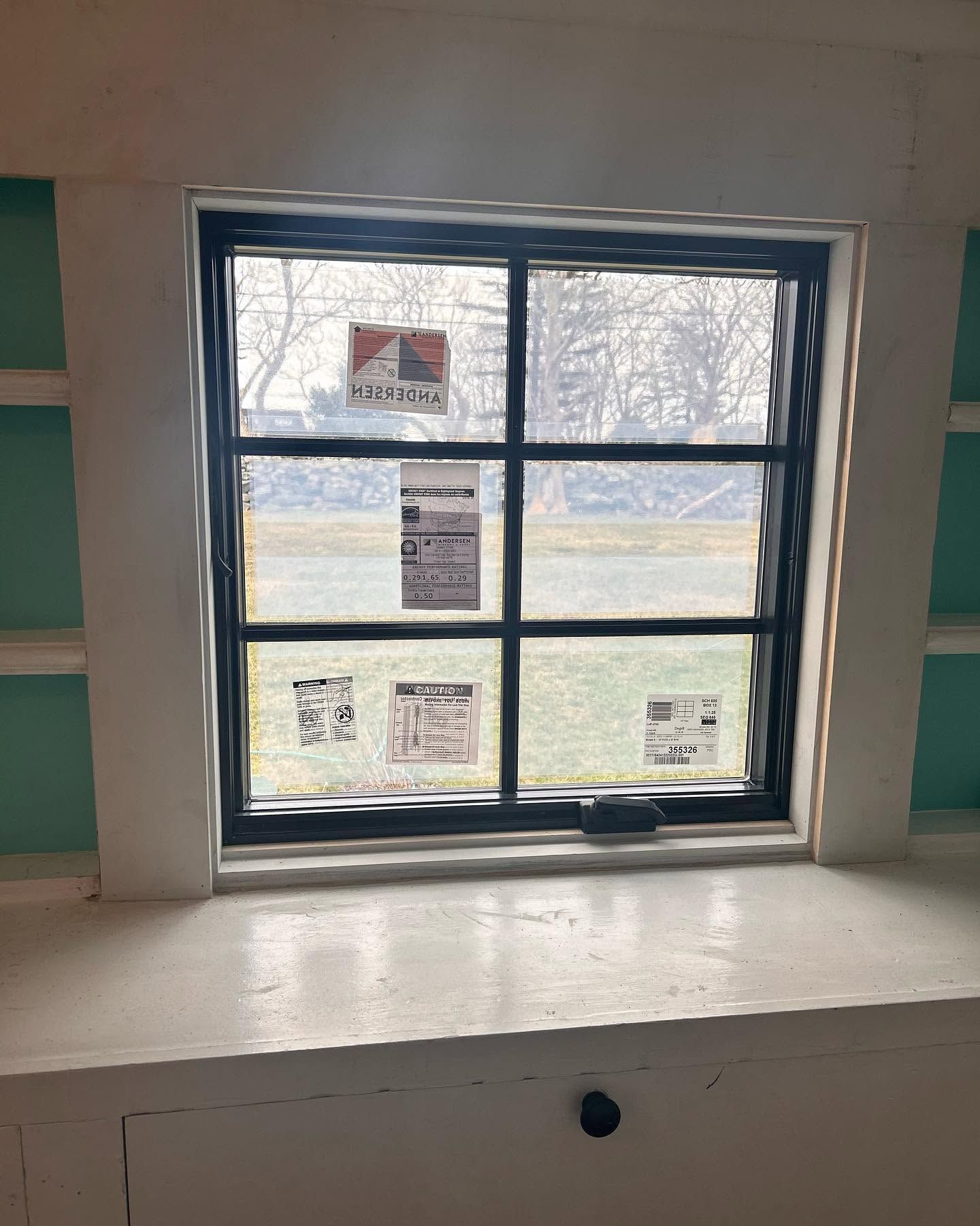 Window with black trim and posted notices, looking out onto a grassy field.