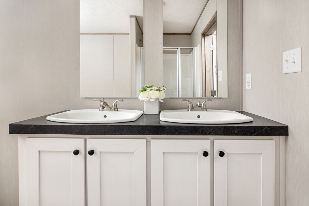 White double-sink vanity with black countertop, large mirror, and white cabinets.