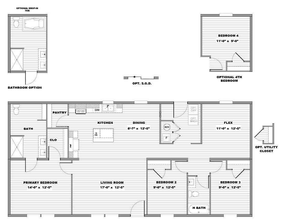 Floor plan of a single-story home with three bedrooms, two bathrooms, kitchen, living room, and utility room.