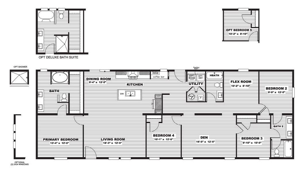 Floor plan of a manufactured home with three bedrooms, two bathrooms, a kitchen, and a living area.
