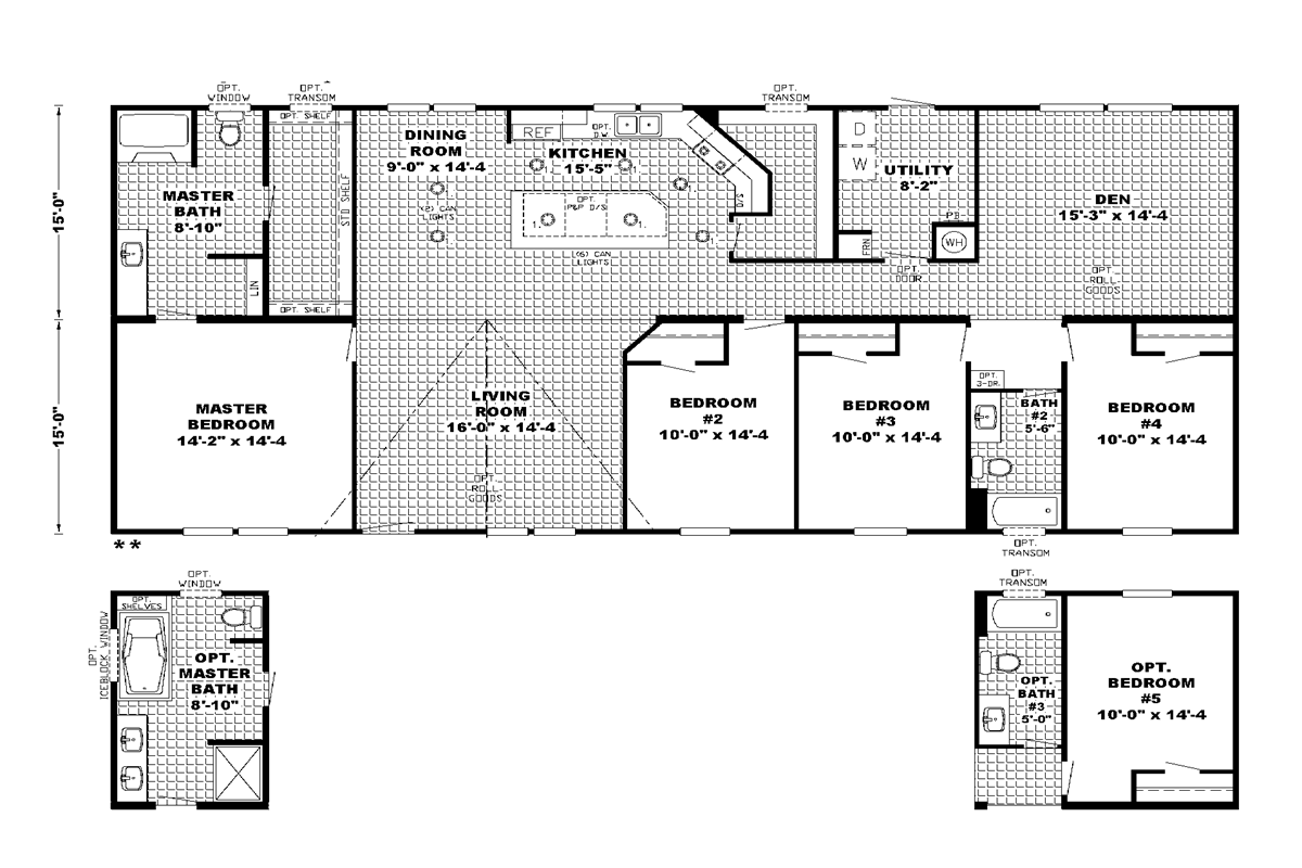 Floor plan of a home with four bedrooms, two bathrooms, a kitchen, living room, and dining area.