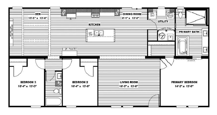 Floor plan of a manufactured home with three bedrooms, a kitchen, and living areas.