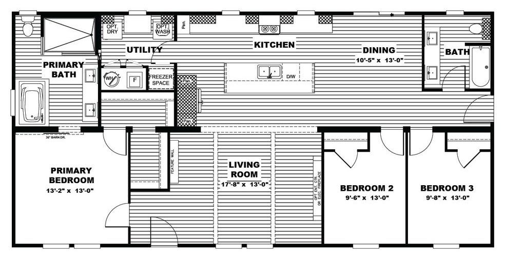 Floor plan of a home with primary bedroom, two additional bedrooms, living room, kitchen, dining area, and two bathrooms.