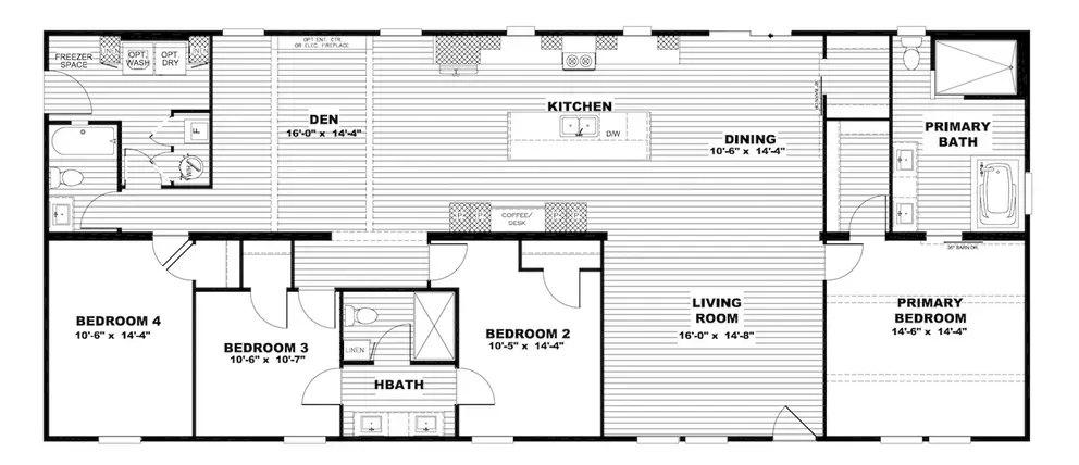 Floor plan of a house with four bedrooms, a kitchen, a living room, and a primary bath.