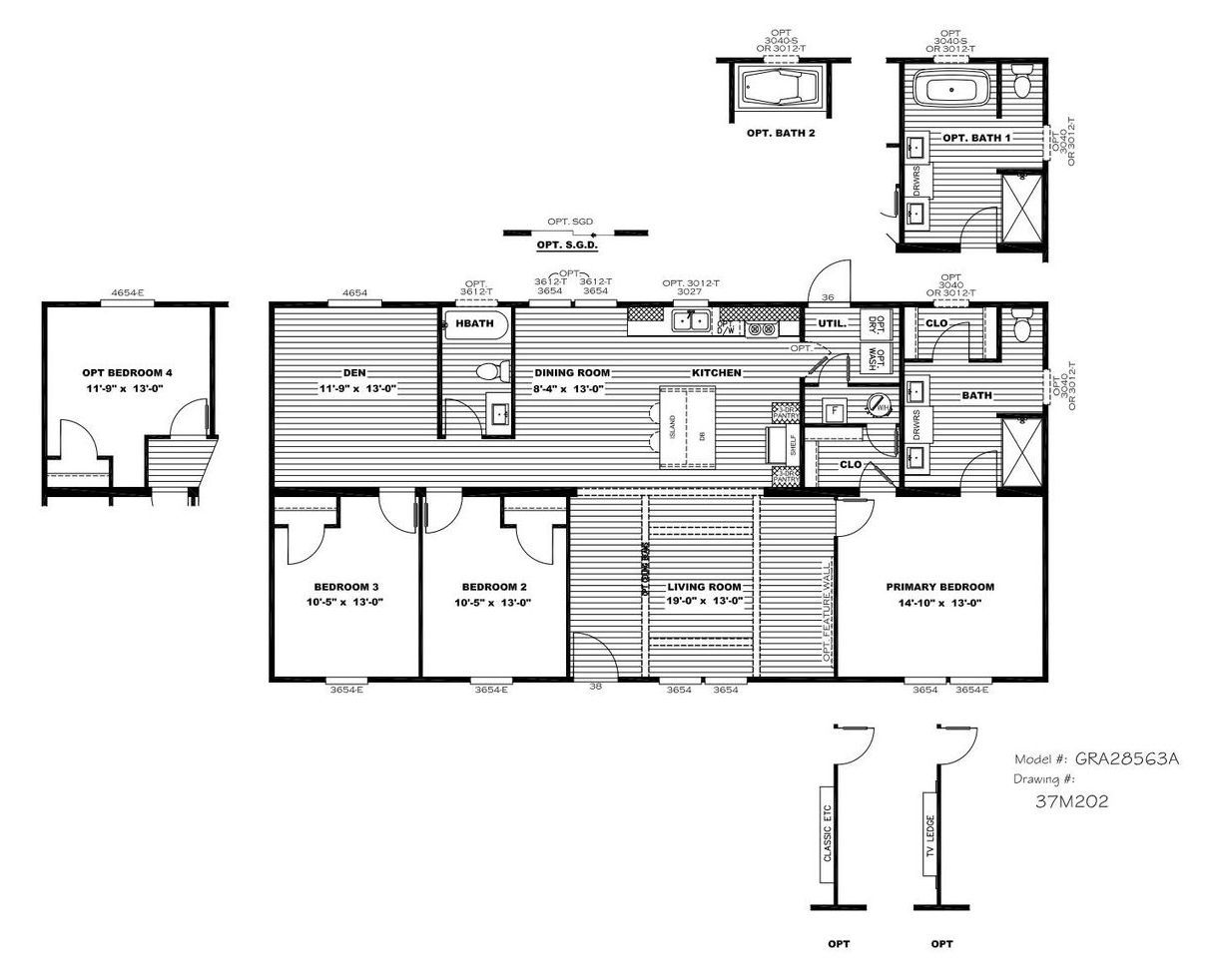 Floor plan of a single-story home, showing bedrooms, kitchen, bathrooms, and living areas.
