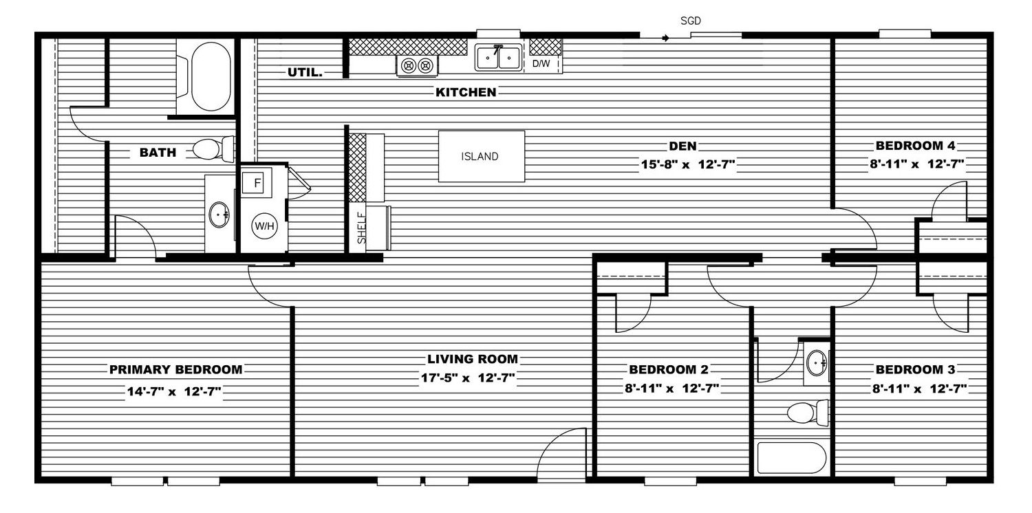 Floor plan of a house with four bedrooms, kitchen, living room, and two bathrooms.