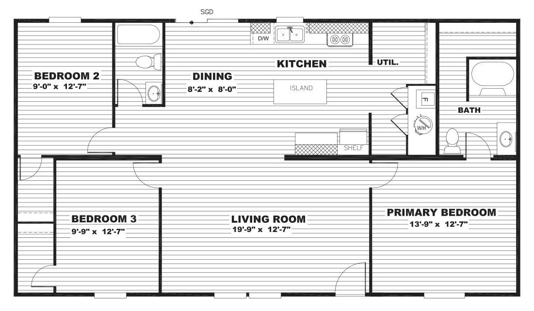 Floor plan of a three-bedroom home. Includes kitchen, dining area, bathrooms, and living room.