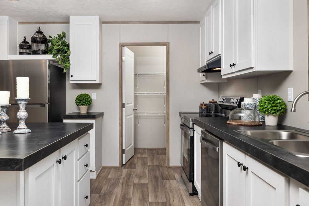 Modern white kitchen with black countertops, stainless steel appliances, and pantry.