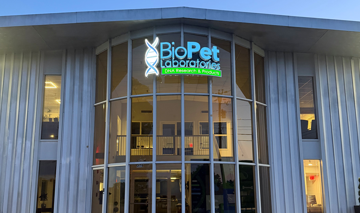 BioPet Laboratories sign above a glass entrance